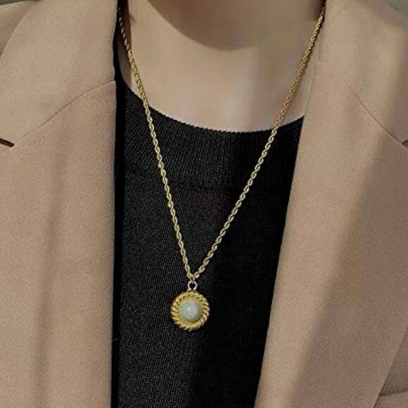 Alco Gold Plated Titanium French Rope Twist Acrylic White Pearl Charm Necklace - Picture 2 of 8